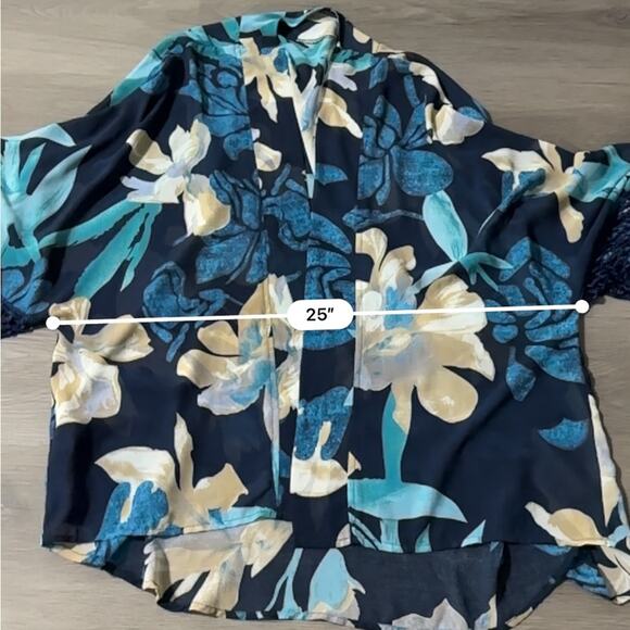 Zara Navy Blue & Blue Floral Print Fringe Cardigan Kimono Size L - Picture 8 of 9
